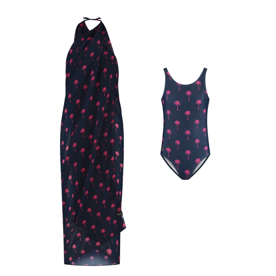 Palmboom, Blauw, Moeder en dochter zwemkleding