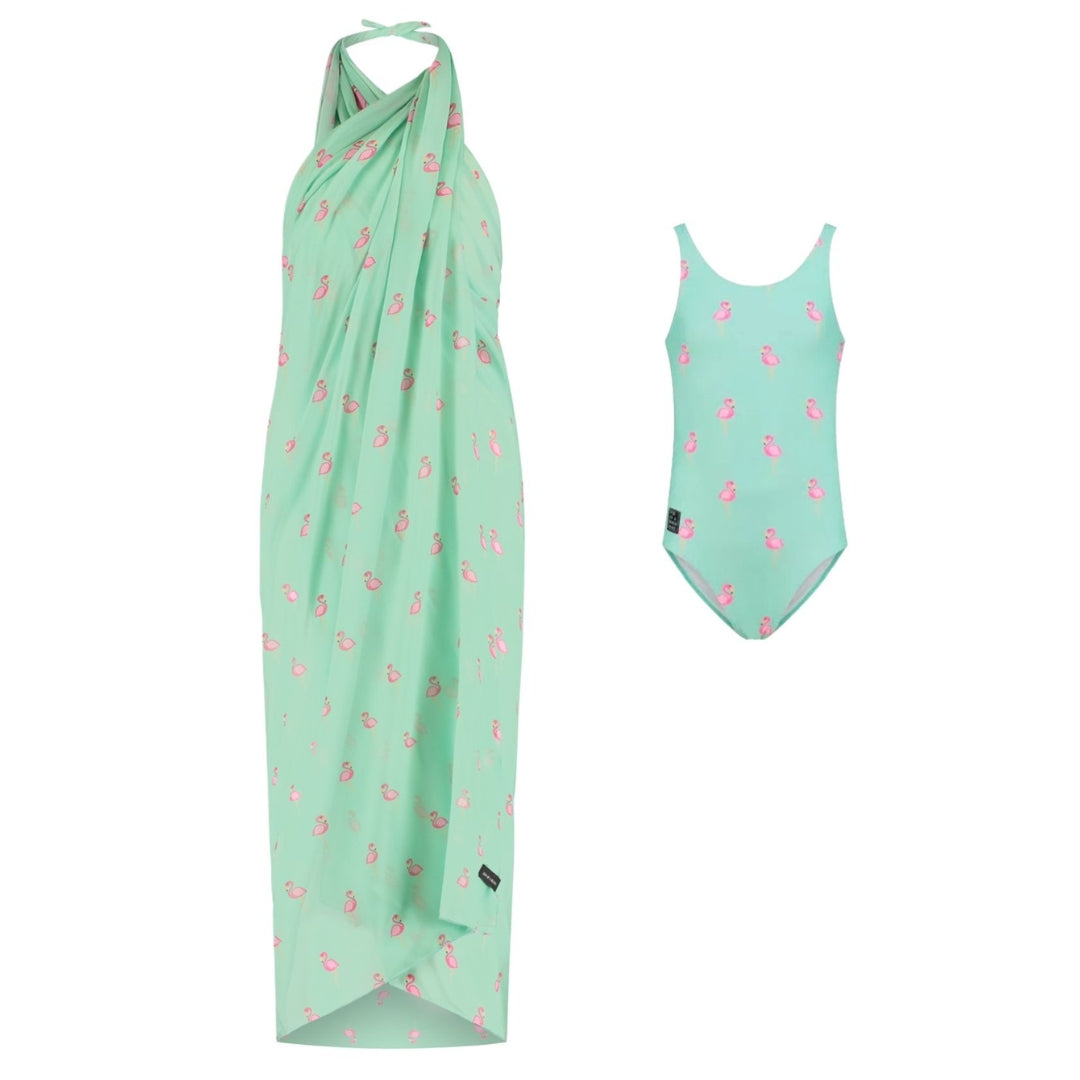 Flamingo, Green, Mother and daughter swimwear