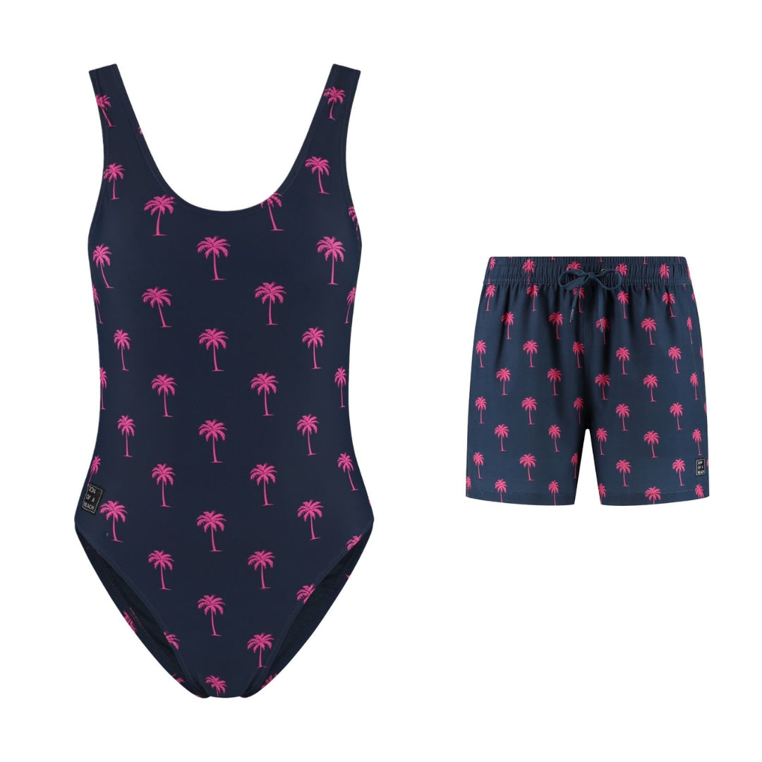 Palm Tree, Blue, Mother and Son Swimsuit/Swimming Trunks