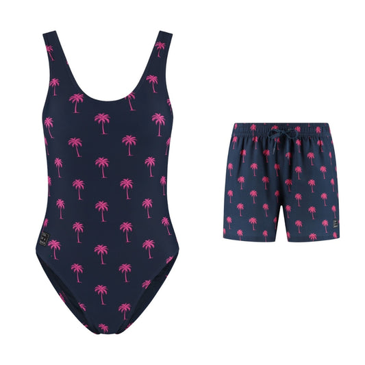 Palm Tree, Blue, Mother and Son Swimsuit/Swimming Trunks