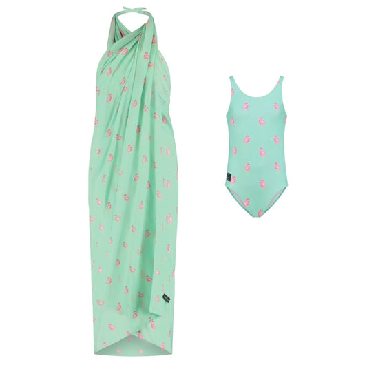 Flamingo, Green, Mother and daughter swimwear