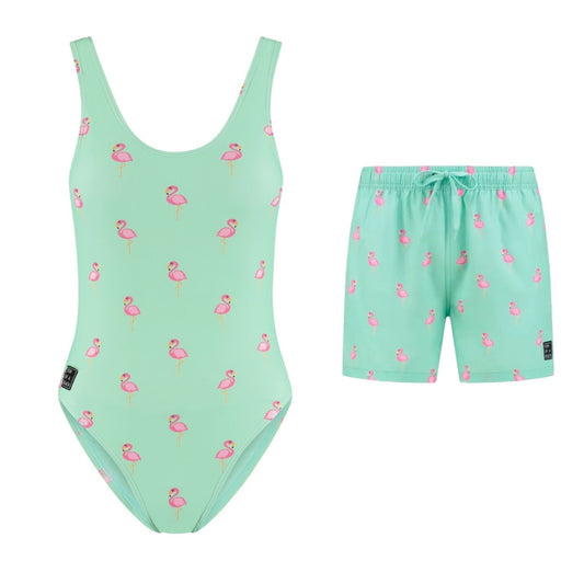 Flamingo, Green, Mother and son swimsuit/swimming trunks