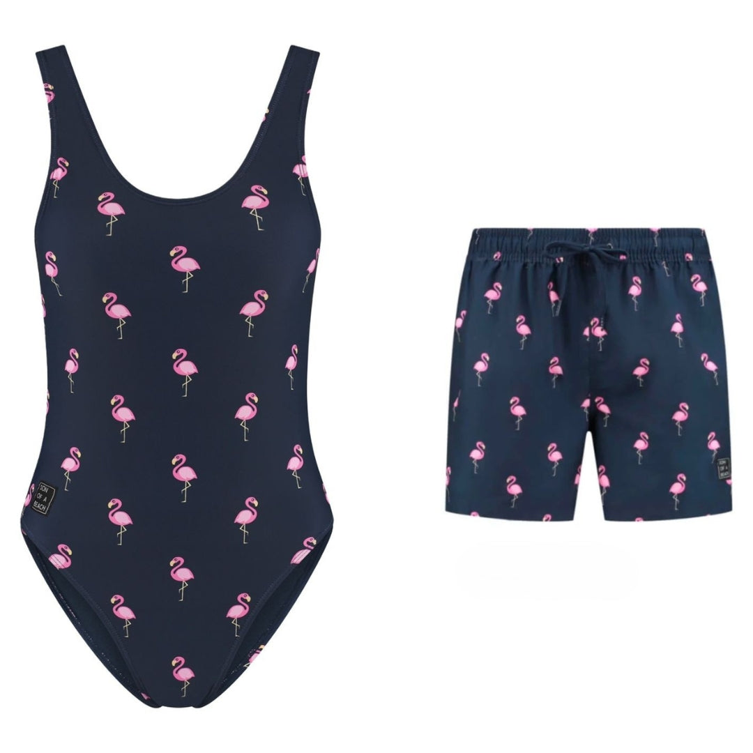 Flamingo, Blue, Mother and son swimsuit/swimming trunks