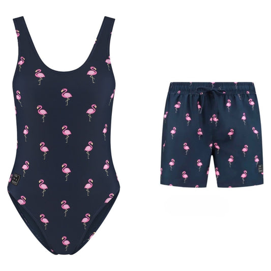 Flamingo, Blue, Mother and son swimsuit/swimming trunks