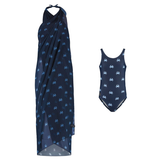 Crab, Blue, Mother and daughter swimwear