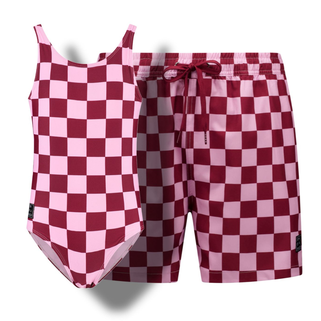 Check, Rood, Vader en dochter zwemkleding