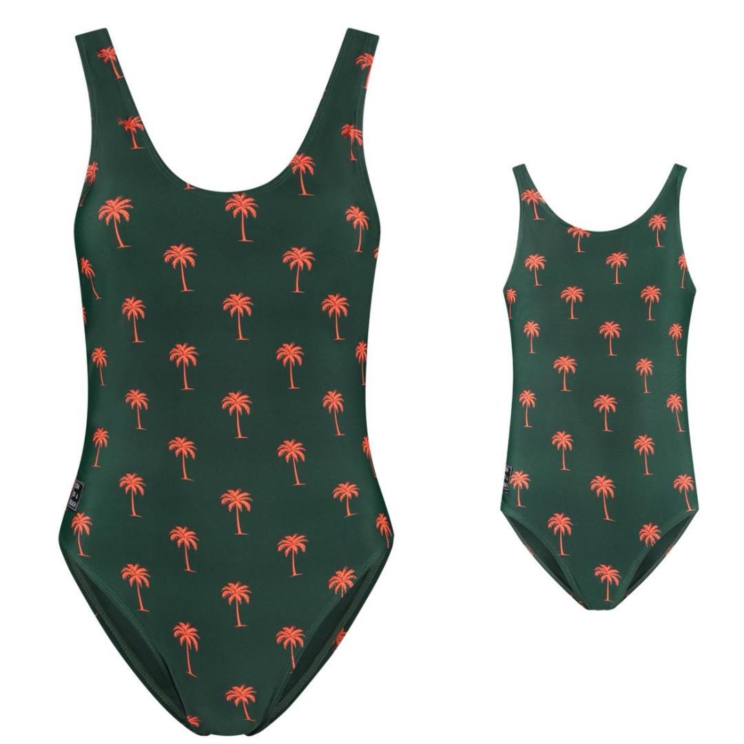 Palm tree, Dark green, Mother and daughter swimsuit