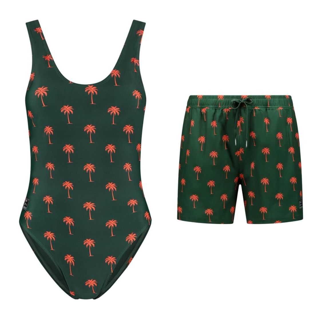 Palm tree, Dark green, Mother and son swimsuit/swimming trunks