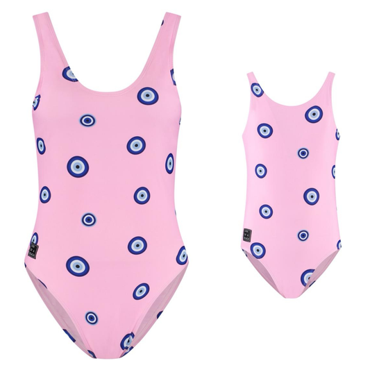 Eye, Pink, Mother and daughter swimsuit
