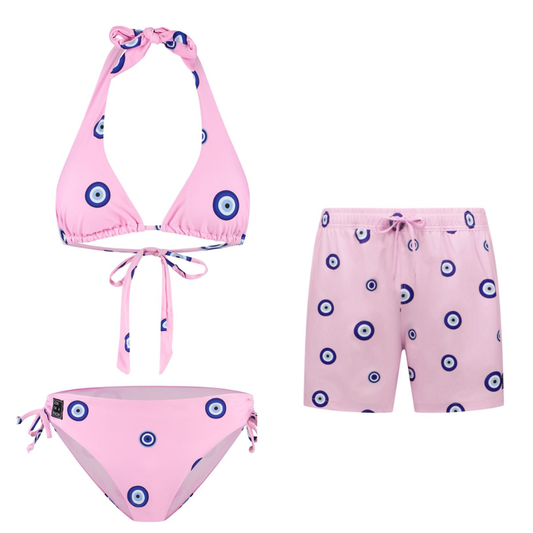 Eye, Pink, Mother and son bikini/swim trunks