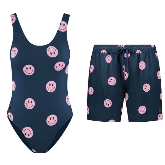 Smiley, Blau, Mutter und Sohn Badeanzug/Badehose