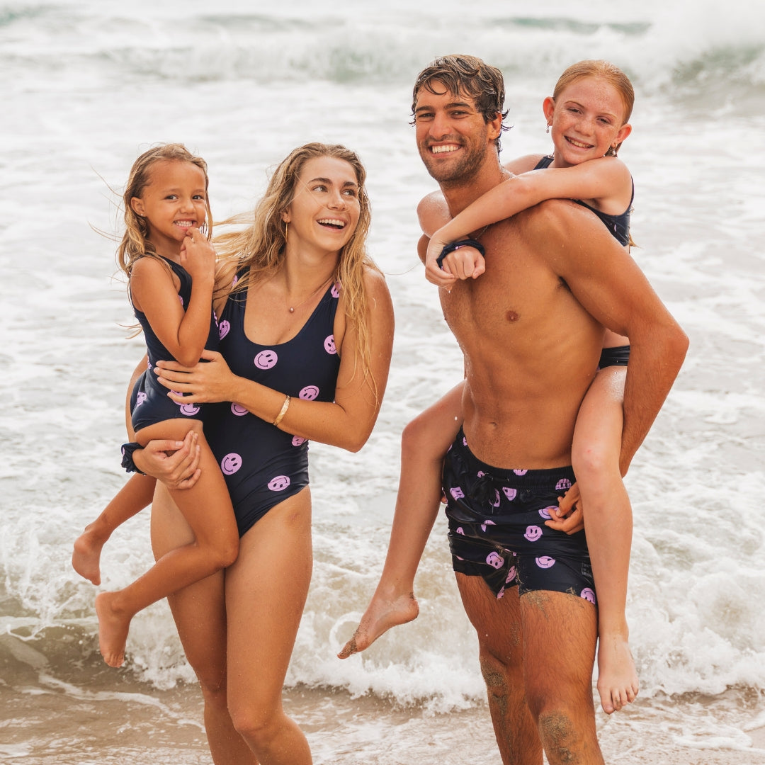Smiley, Blue, Father and daughter swim trunks/bikini