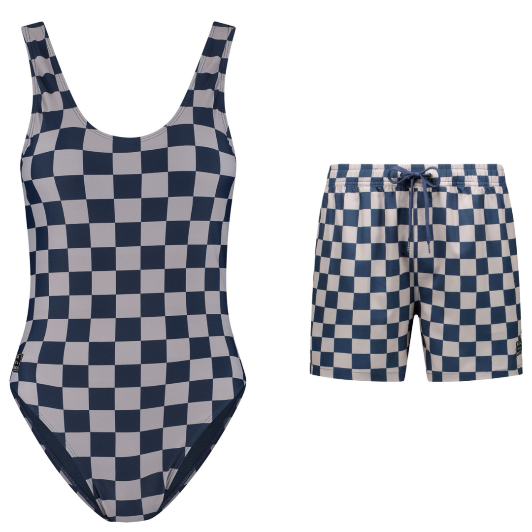 Check, Blue, Mother and son swimsuit/swimming trunks
