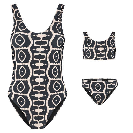 Abstract, Zwart, Moeder en dochter badpak/bikini