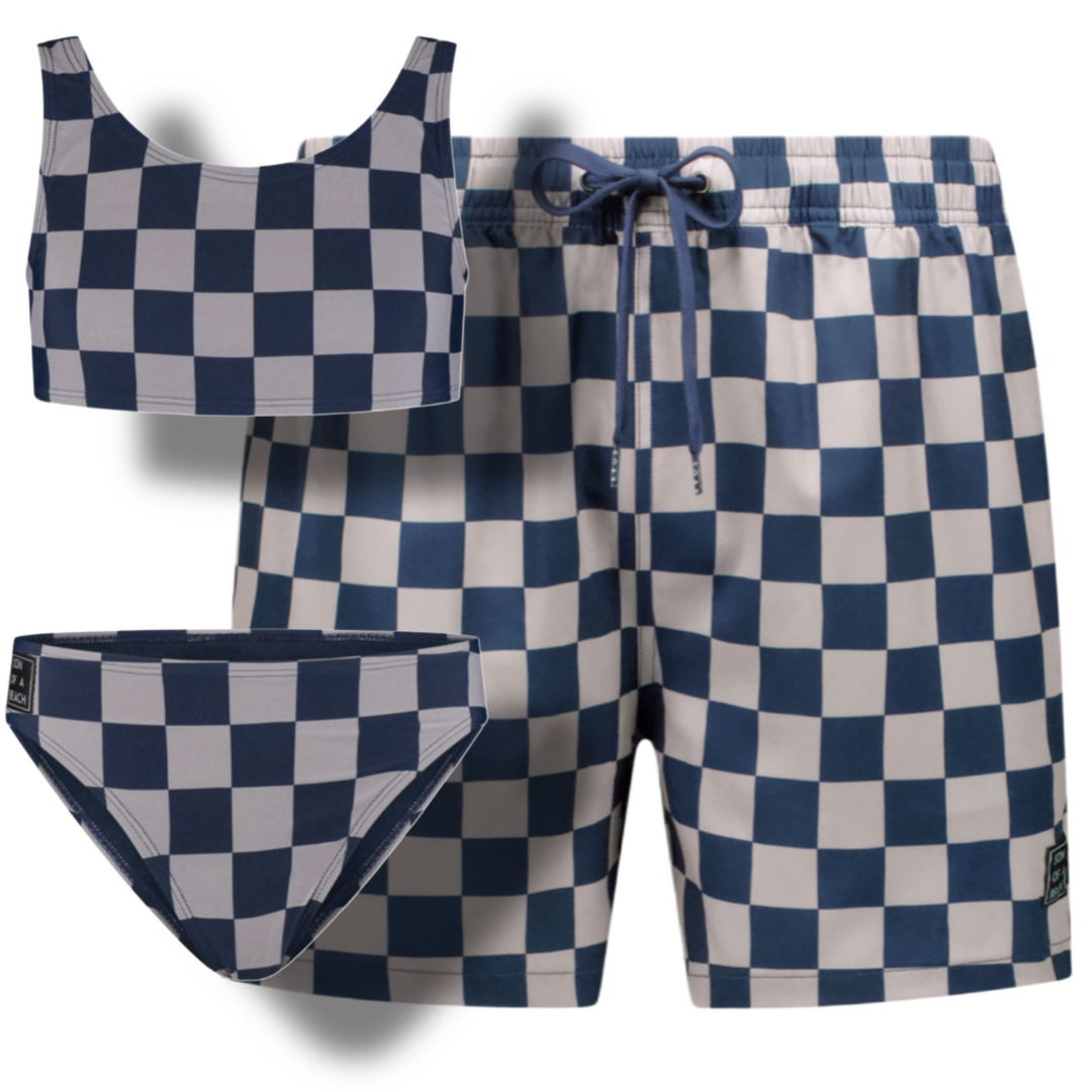 Kariert, blau, Badehose/Bikini für Vater und Tochter