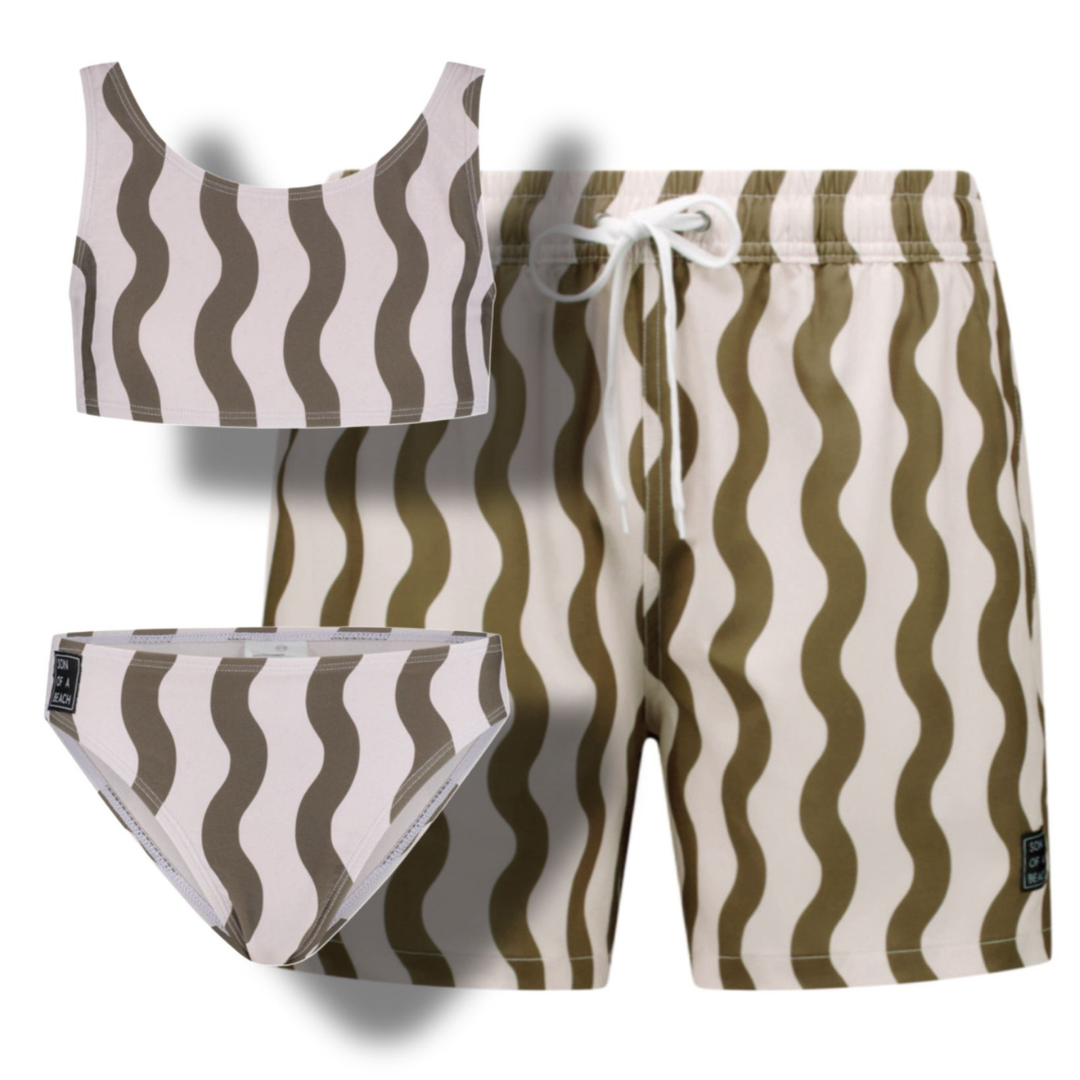 Gestreifter, gewellter grüner Badeanzug/Bikini für Vater und Tochter