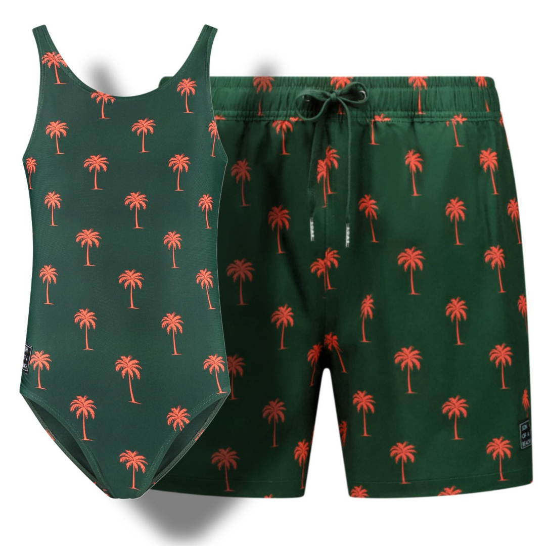 Palmboom, Donker groen, Vader en dochter zwemkleding