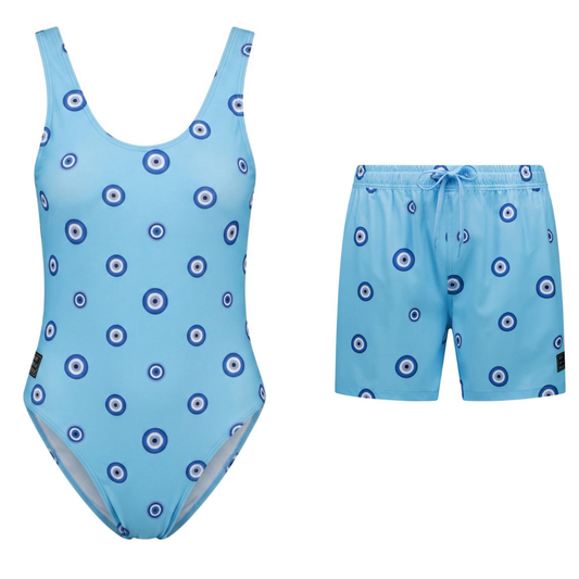 Eye, Blue, Mother and son swimsuit/swimming trunks