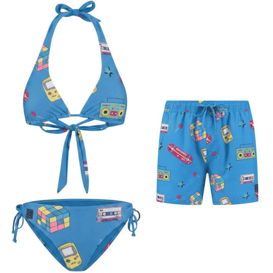 Retro, Blauw, Moeder en zoon bikini/zwembroek