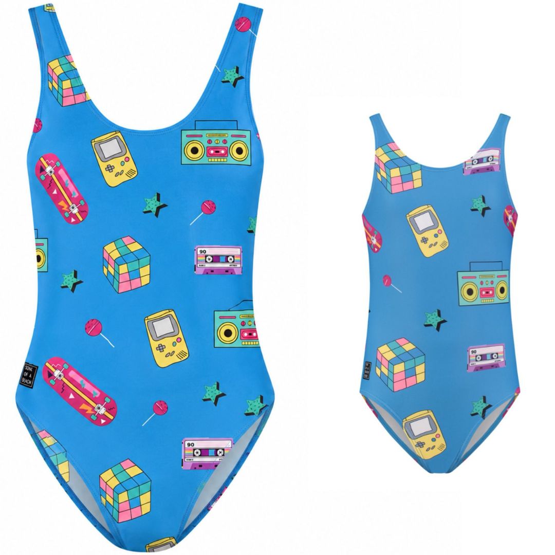 Retro, Blauw, Moeder en dochter badpak