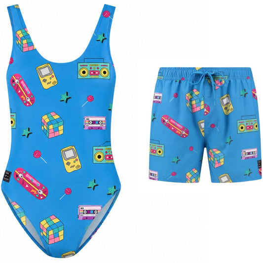 Retro, Blauw, Moeder en zoon badpak/zwembroek