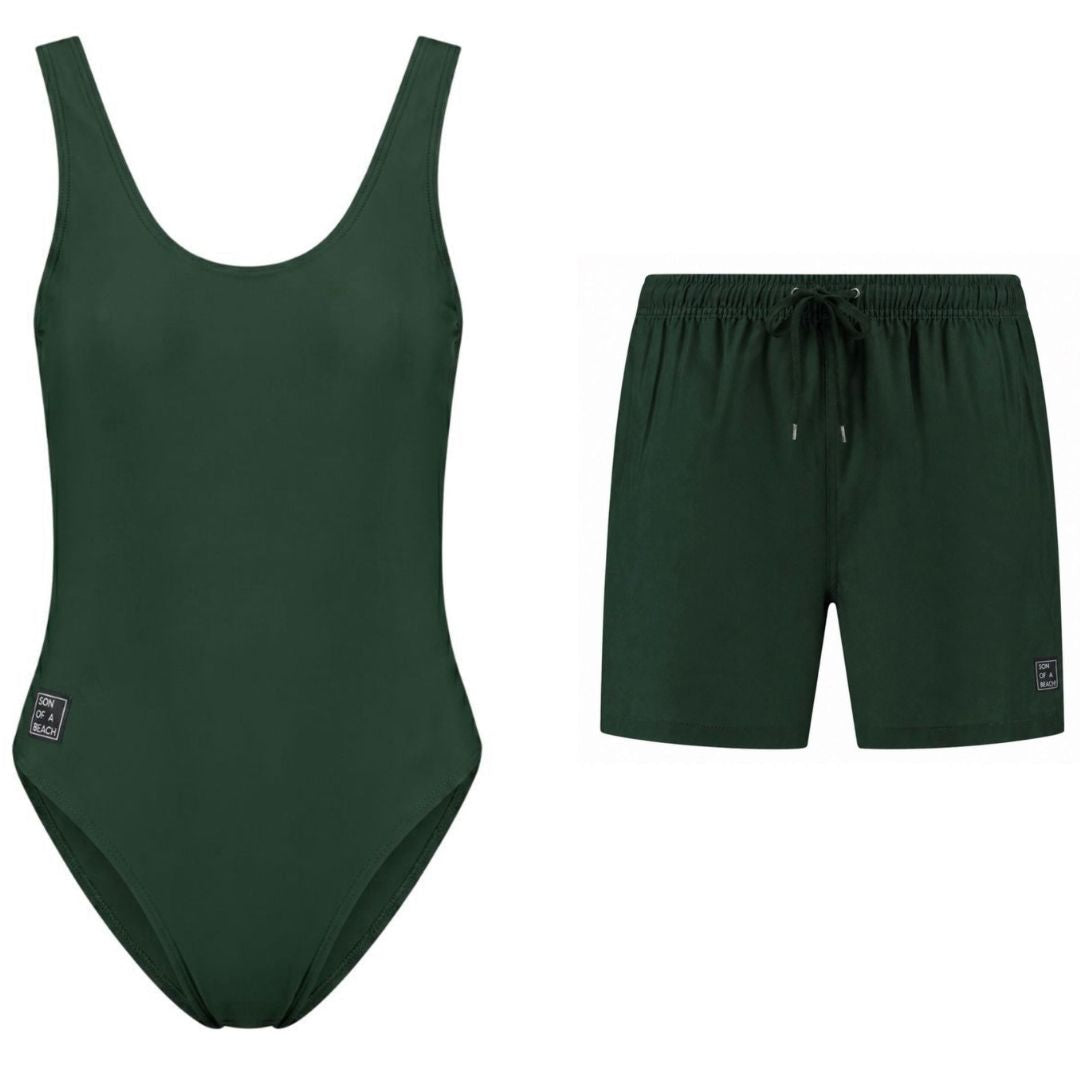 Solid, Donker groen, Moeder en zoon badpak/zwembroek