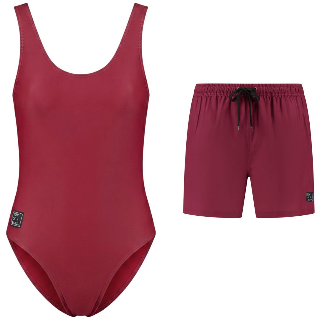 Solid, Donker rood, Moeder en zoon badpak/zwembroek