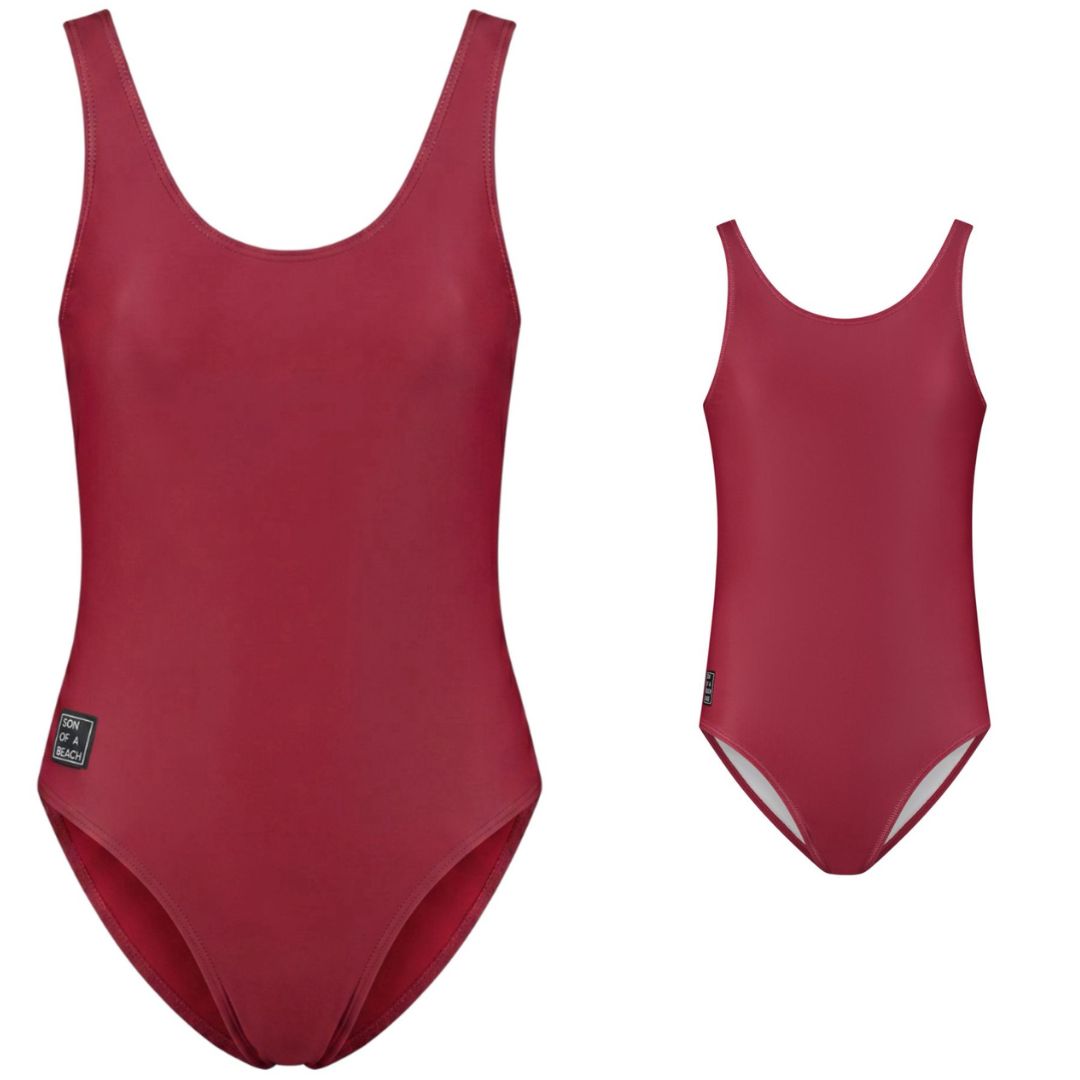 Solid, Donker rood, Moeder en dochter badpak