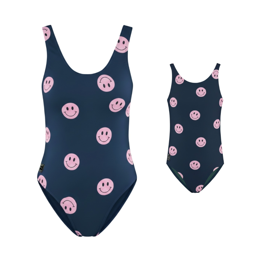 Smiley, Blue, Mother and daughter swimsuit