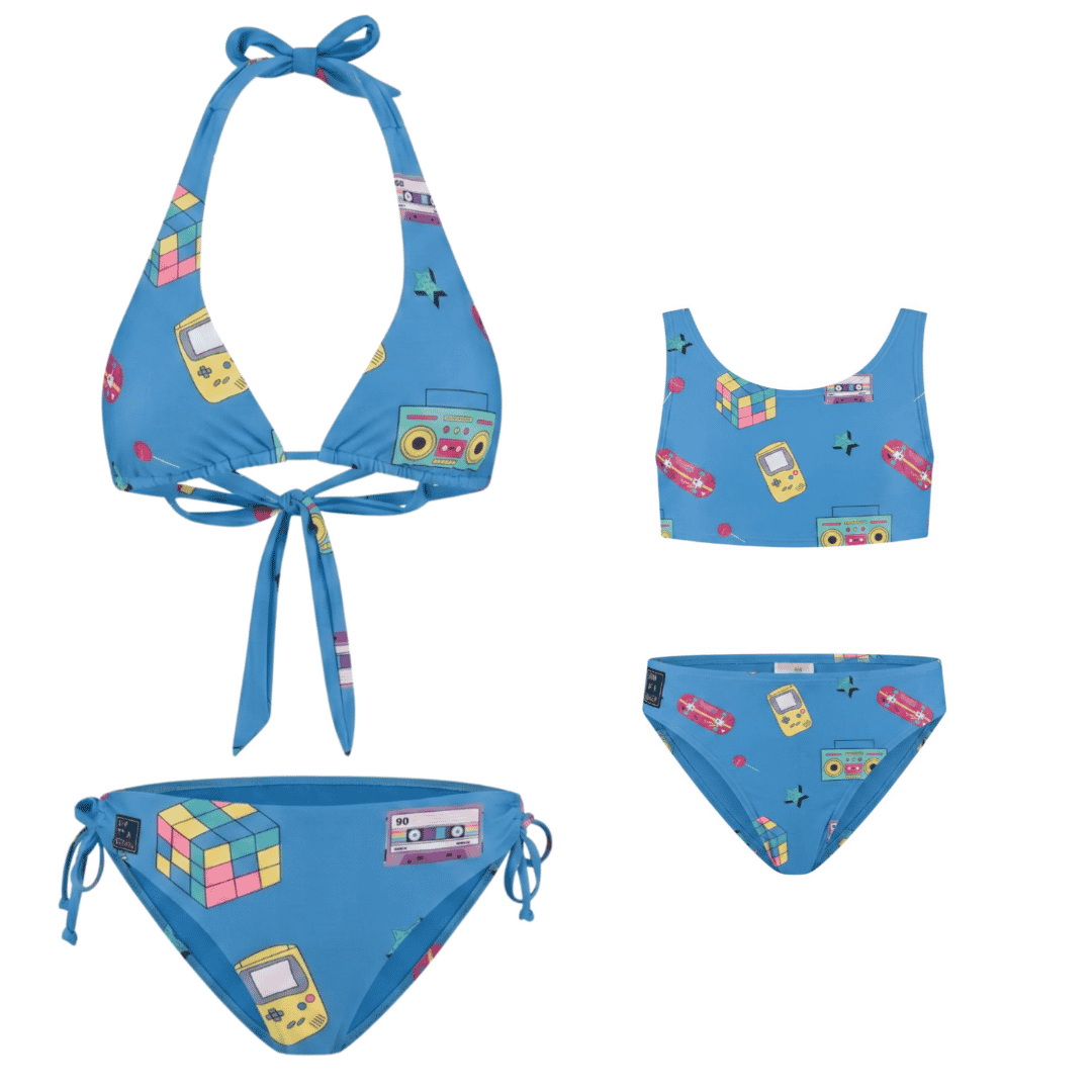 Retro, Blauw, Moeder en dochter bikini's