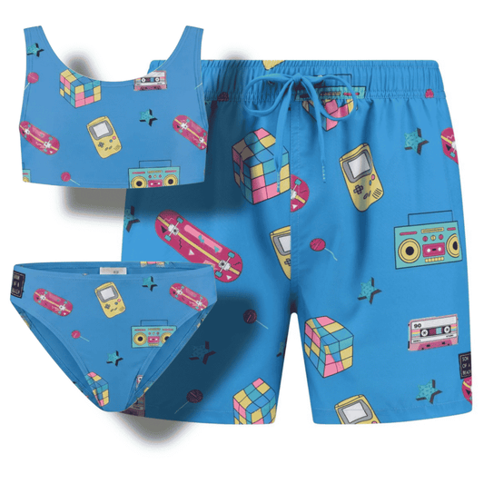 Retro, Blauw, Vader en dochter zwembroek/bikini
