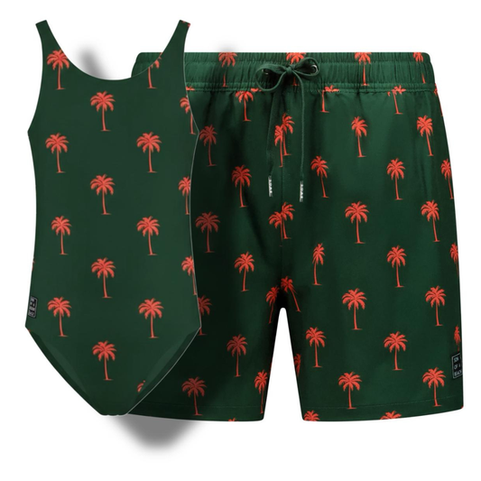 Palmboom, Donker groen, Vader en dochter zwemkleding